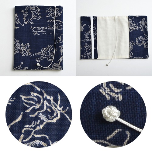 布のブックカバー 鳥獣戯画 紺