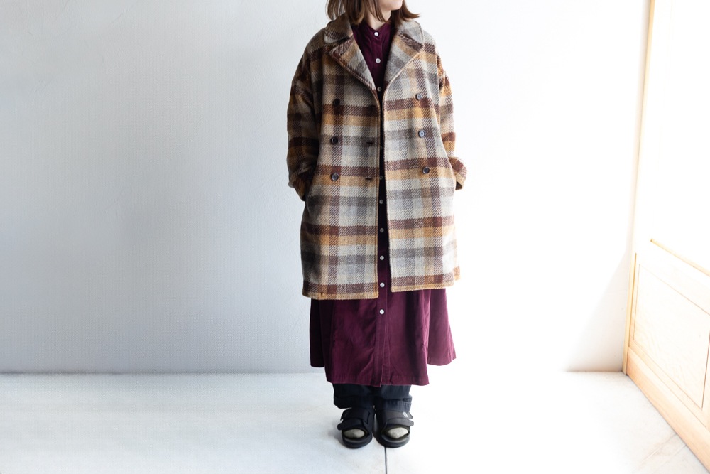 ARMEN アーメン | WOOL CHECK OVERSIZED MIDI PEA COAT WITH LINING