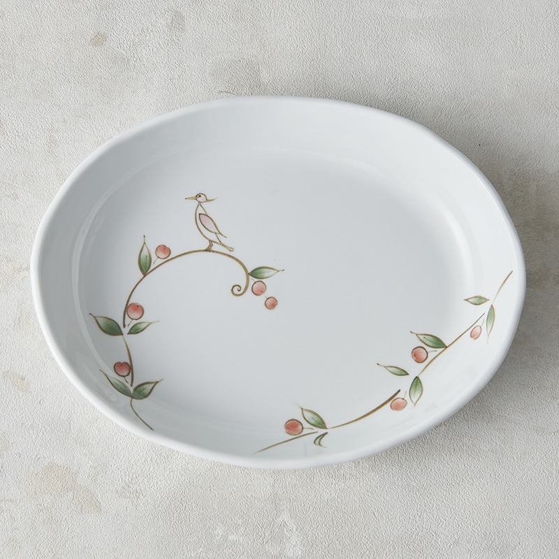 砥部焼 大西陶芸】オーバルプレート(L) シラサギ(赤) | タイプ別