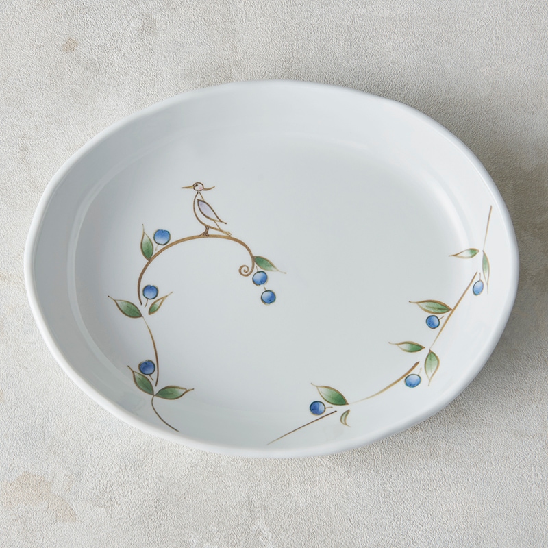砥部焼 大西陶芸】オーバルプレート(L) シラサギ(青) | タイプ別,皿