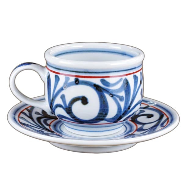 砥部焼・梅山窯・丸コーヒーカップ（朱線唐草文）【和食器通販e