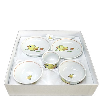 砥部焼・大西陶芸・お食い初め食器（ひよこ朱）【和食器通販e-tobeyaki