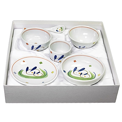 砥部焼 大西陶芸 イッチン 角皿 4点セット 砥部焼・大西陶芸・お食い初め食器（うさぎ）【和食器通販e-tobeyaki.com】