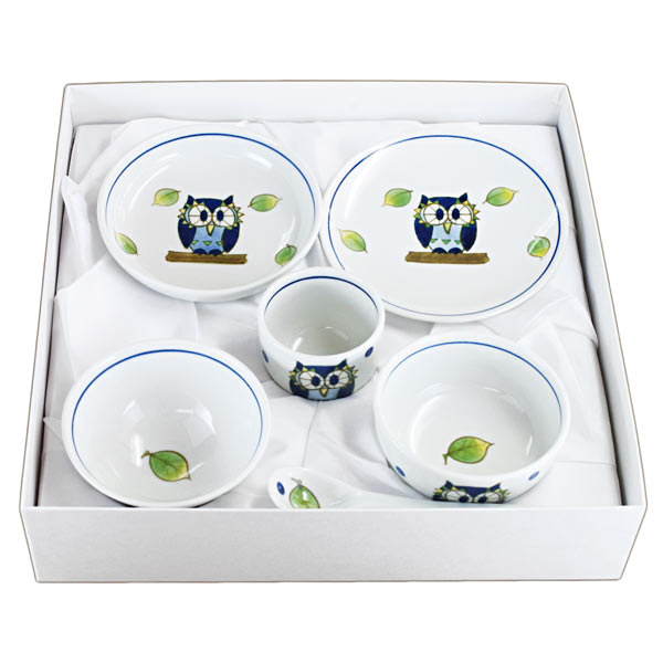 砥部焼 大西陶芸 お食い初め食器（ふくろう）【和食器通販e-tobeyaki.com】