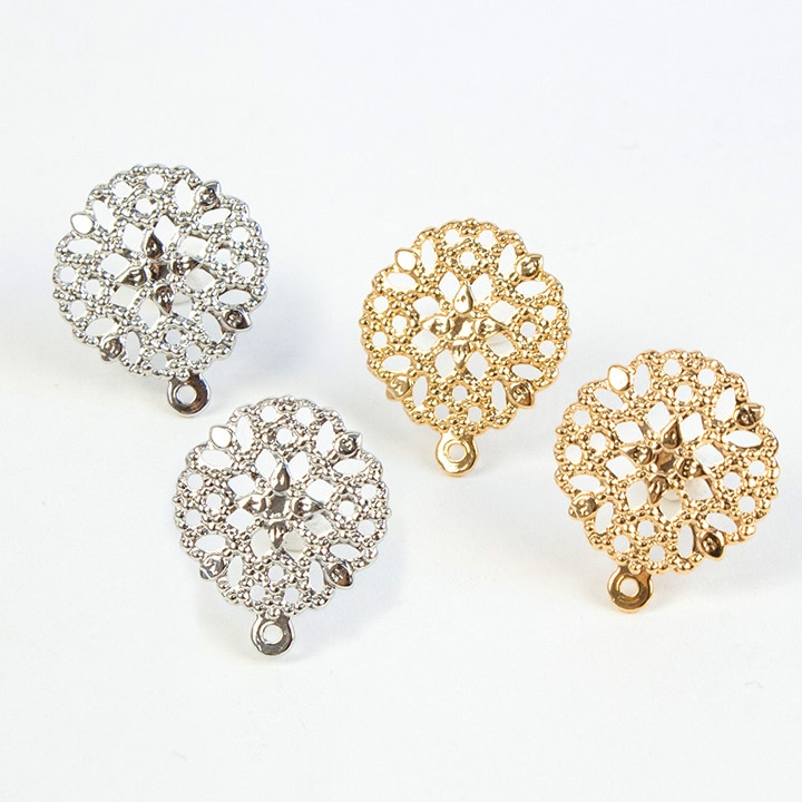 アクセサリー金具 スカシパーツ付き ピアス 金具  円 13mm カン付き キャッチ付