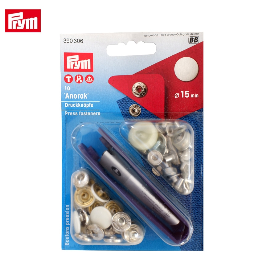 Prym プリム 脱着しやすい アノラックスナップ 15mm WH ホワイト 10組 取付けコマ付き 390306 