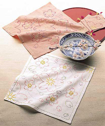 刺し子キット オリムパス 古典柄の花ふきん(2枚1組)白・渋ピンク154 