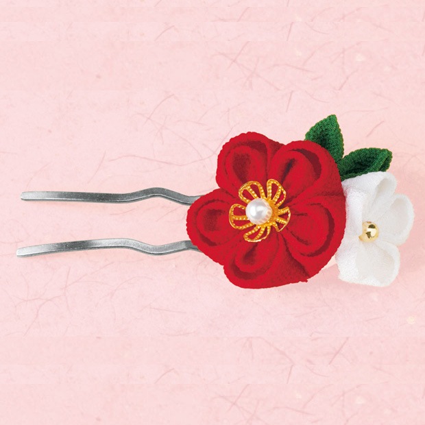 京ちりめん つまみ細工 お花のかんざし 赤