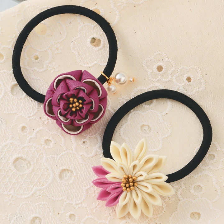 コットン生地で作る 普段づかいのつまみ細工 ヘアゴムセット ローズ LH-445
