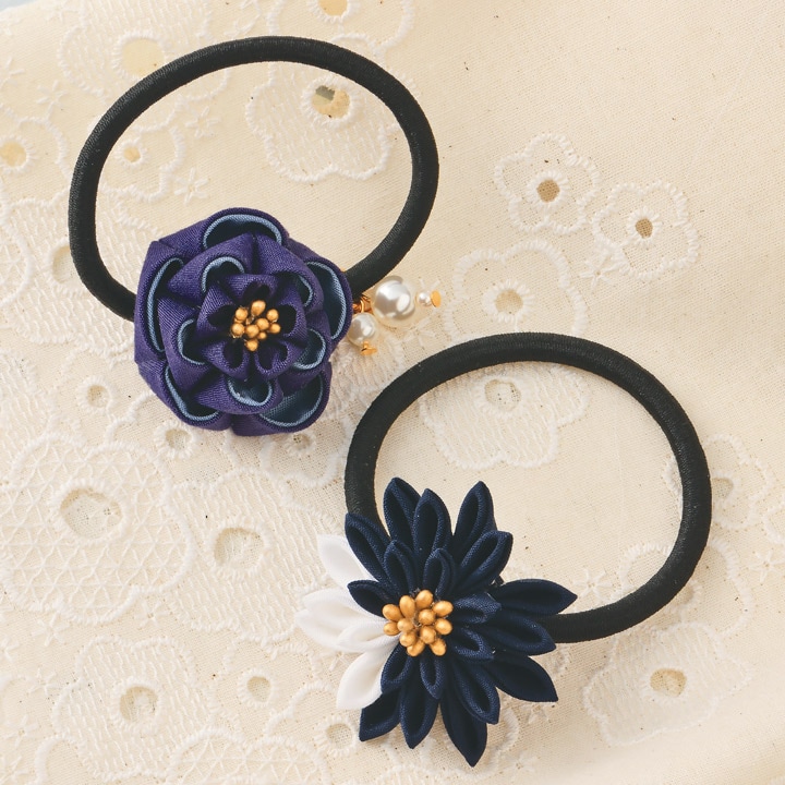 コットン生地で作る 普段づかいのつまみ細工 ヘアゴムセット ダークネイビー LH-446