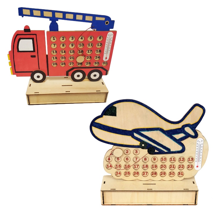 木製貯金箱付きカレンダー 飛行機/消防車