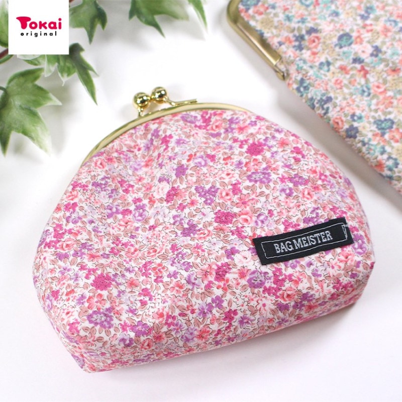 【お買い得品】バッグマイスター がまぐちキット マチ付きポーチ 小花柄 ピンク ゴールド金具 W16×H 14×マチ4cm