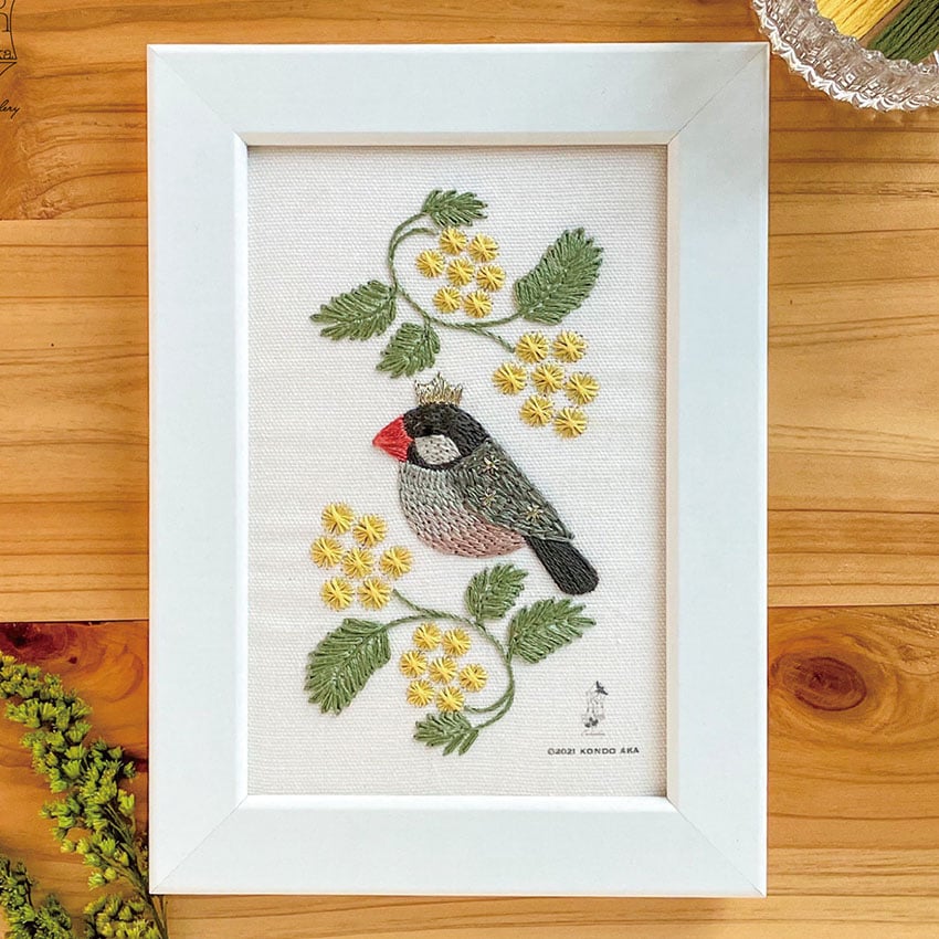 近藤朱さんの刺繍額キット 文鳥とミモザ ノーマル