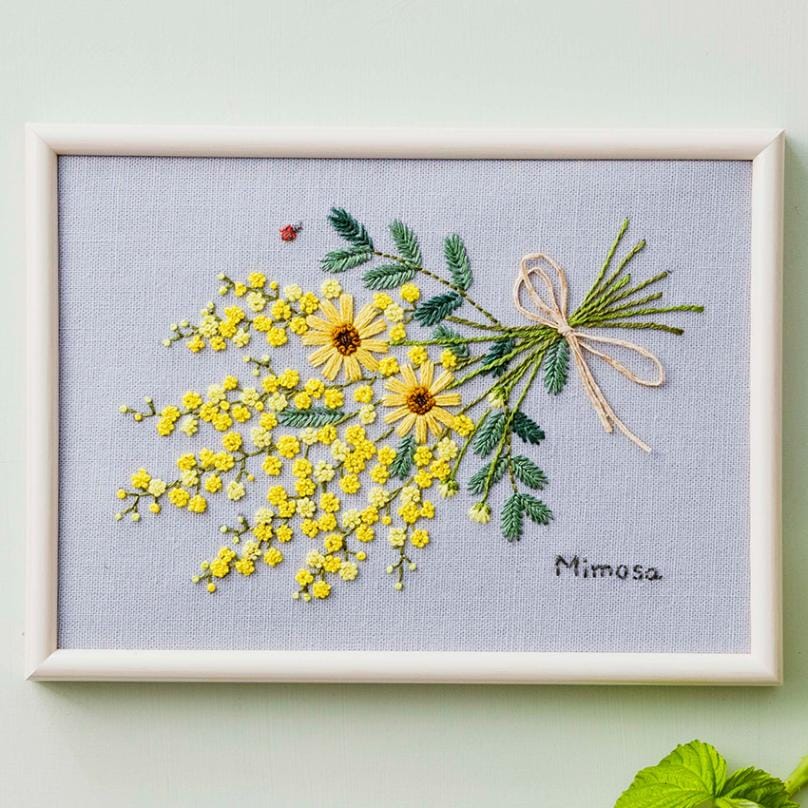 青木和子 お庭のスケッチブック ミモザのスワッグ No.542212 ／ コスモ 刺繍キット フレーム付き