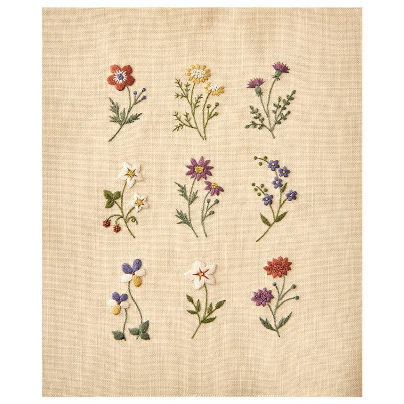 コスモ アトリエ ド ノラ 刺しゅうを楽しむ プリントクロス 小さな花のサンプラー ライトハニー 刺繍糸7色セット 542305