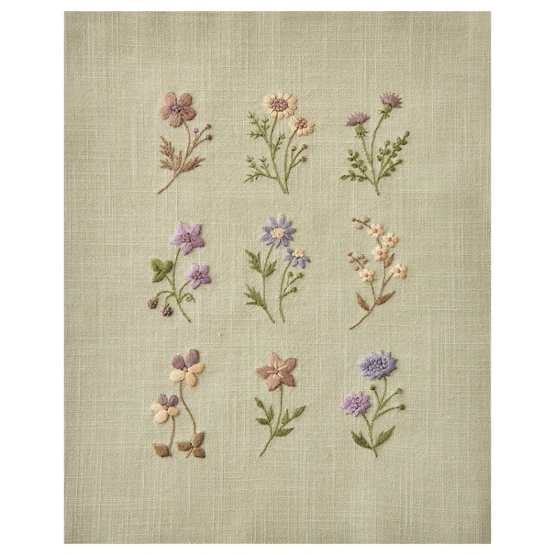 コスモ アトリエ ド ノラ 刺しゅうを楽しむ プリントクロス 小さな花のサンプラー オリーブグリーン 刺繍糸7色セット 542306