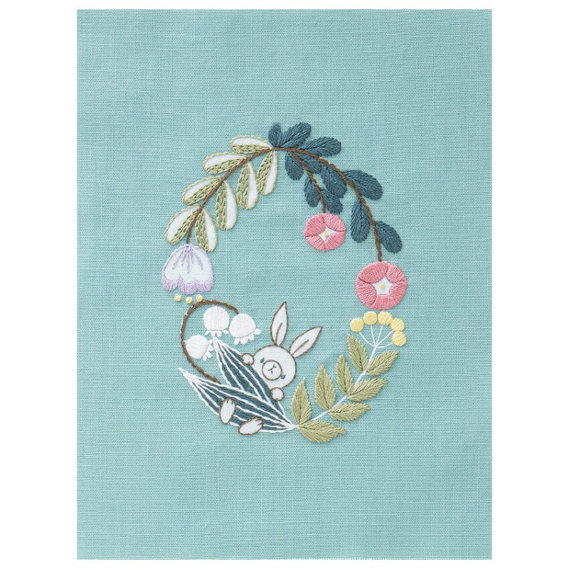コスモ コハナ 刺しゅうを楽しむ プリントクロス うさぎとお花のリース ターコイズグリーン 刺繍糸7色セット 542310