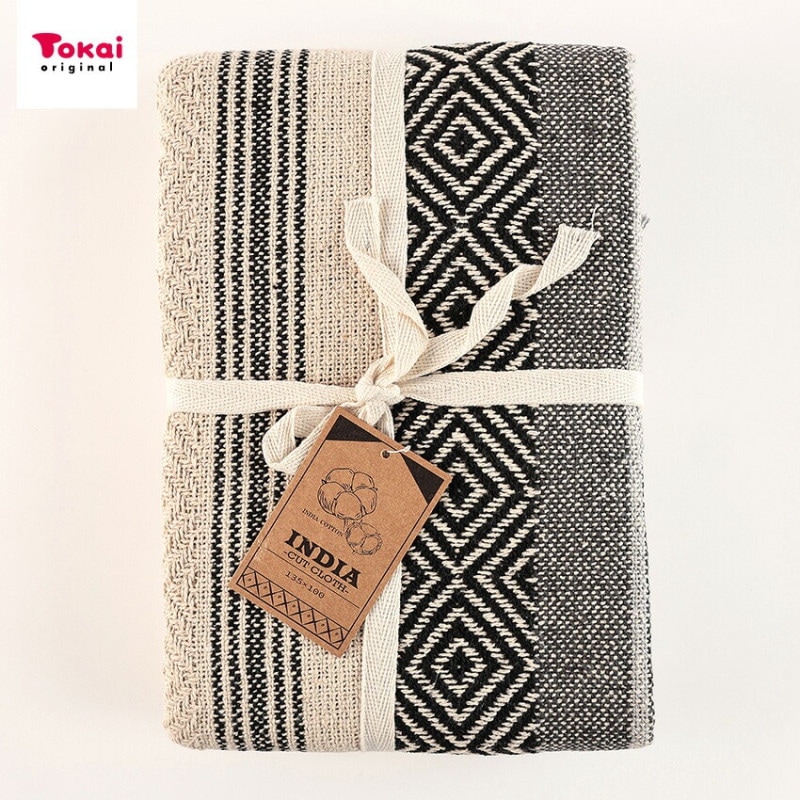 インド綿 ヘビーウェイト 黒ボーダー柄 135×100cm カットクロス