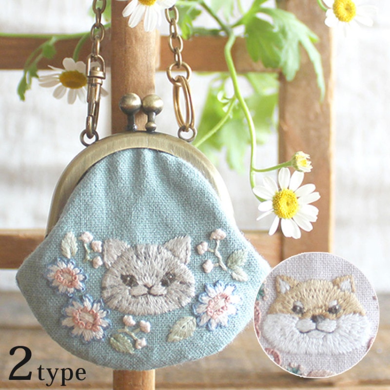 ぷっくり柴犬さんとヒナゲシ まんまる猫さんとオステオスペルマムのミニがま口チャーム