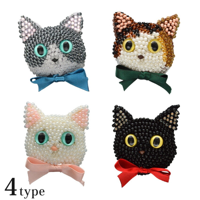 MIYUKI ビーズクロッシェ ビーズ編みの猫ブローチキット 白猫 黒猫 ハチワレ 三毛猫
