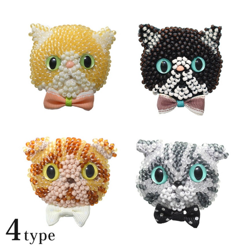 MIYUKI ビーズクロッシェ ビーズ編みの猫ブローチキット クリームハチワレ 黒ハチワレ キジトラ サバトラ