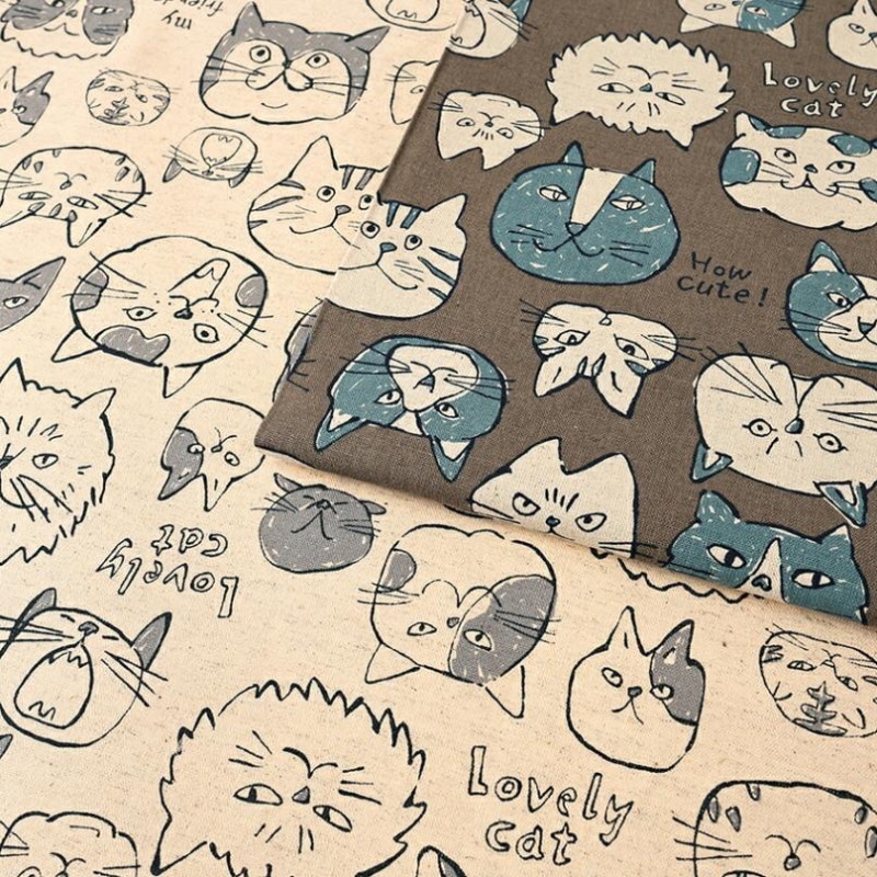 Doodle Animal Cats face 綿麻キャンバス 50cm単位