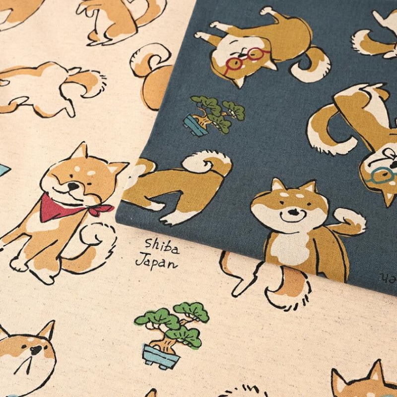Doodle Animal Shiba Japan 綿麻キャンバス 50cm単位