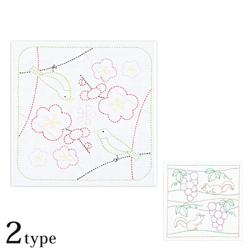 オリムパス 刺し子キット 花ふきん 梅とうぐいす ぶどうとリス 白