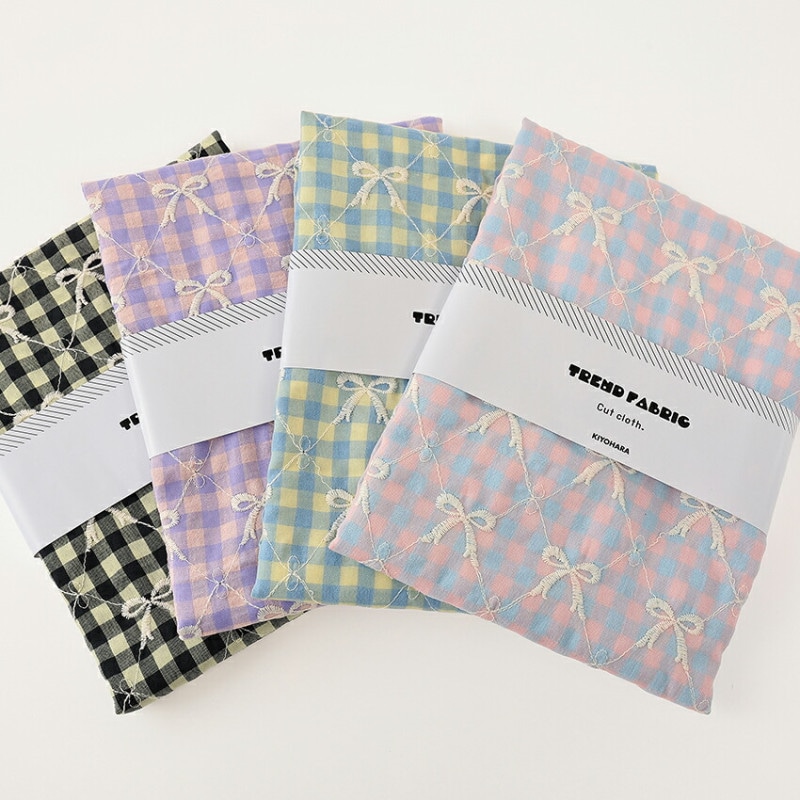 カラフルチェックリボン刺繍 130×50cm カットクロス