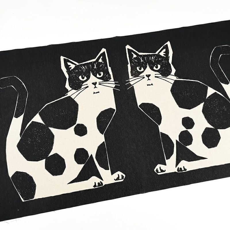 echino NekoNoe TWO CAT 綿麻キャンバスパネル 110×62cm カットクロス