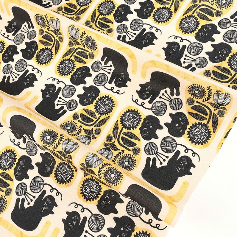 【在庫限り】365 CAT.ART 黒猫とお花 シーチング 50cm単位