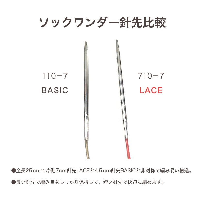 addi 非対称メタル輪針 ソックワンダーLACE 25cm2.00mm(約0号)、2.5mm(約1号)、3.00mm(3号)、3.25mm(約4号)、3.50mm(約5号)710-7