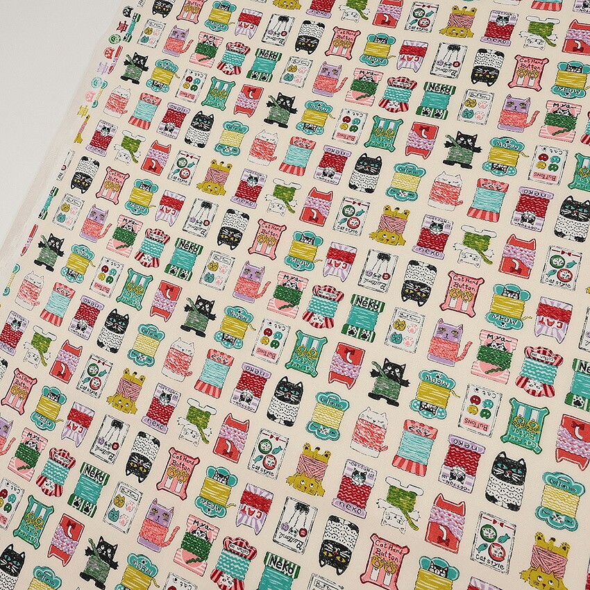 にゃんともかわいいSEWING 猫柄の糸巻き シーチング 50cm単位 | 生地