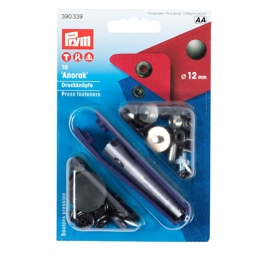 Prym プリム 脱着しやすい アノラックスナップ 12mm BK ブラック 10組 取付けコマ付き 390339 