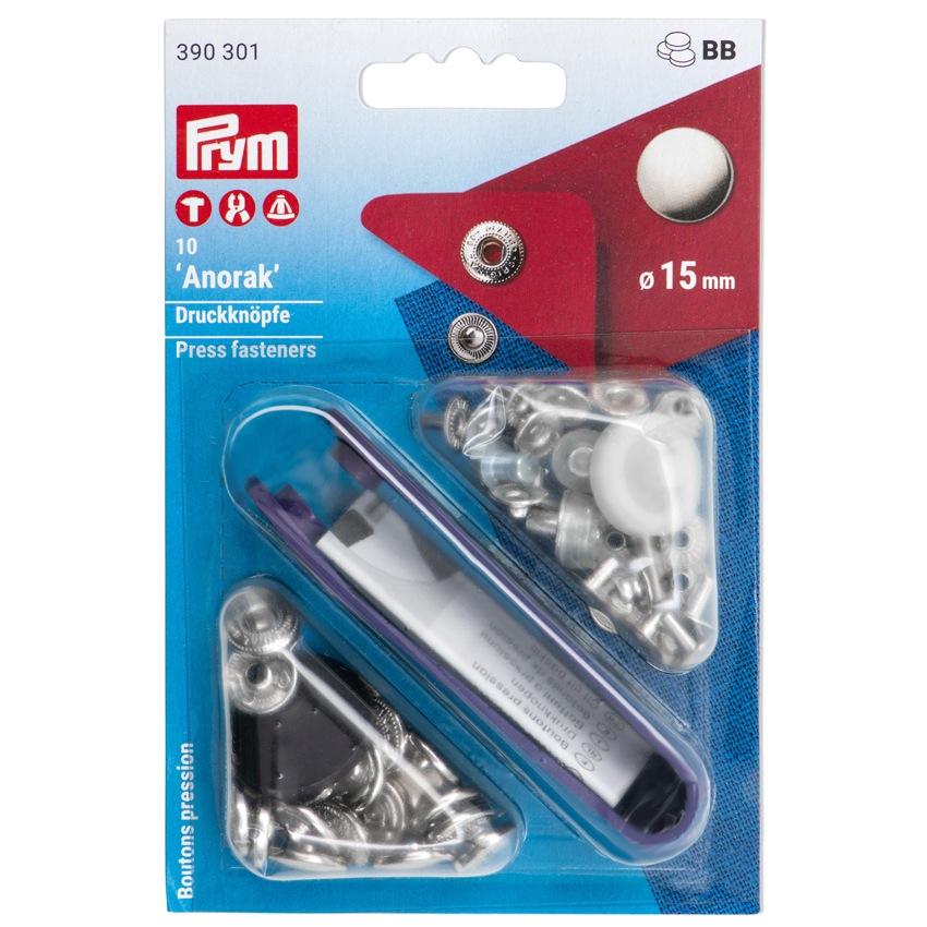 Prym プリム 脱着しやすい アノラックスナップ 15mm S シルバー 10組 取付けコマ付き 390301 
