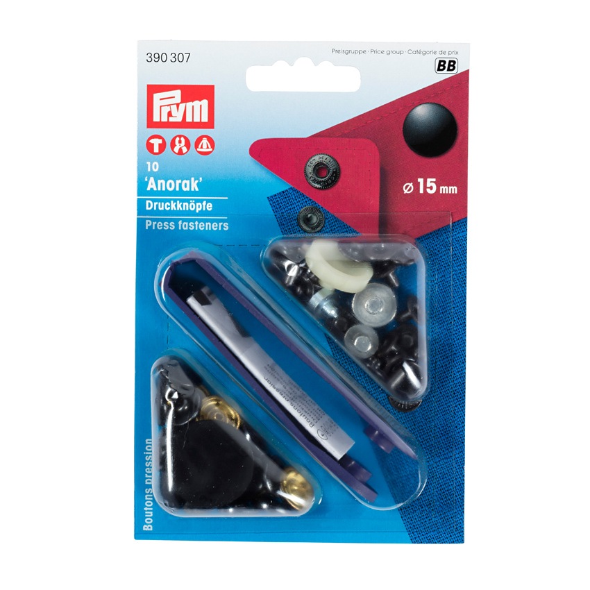 Prym プリム 脱着しやすい アノラックスナップ 15mm BK ブラック つやあり 10組 取付けコマ付き 390307 