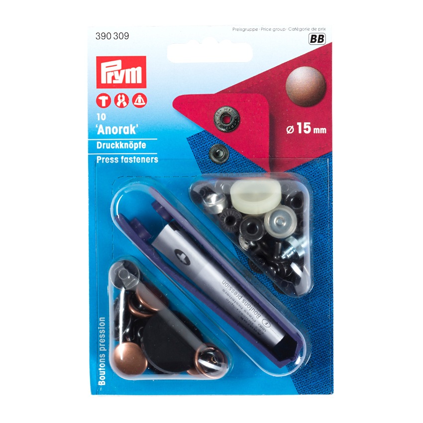 Prym プリム 脱着しやすい アノラックスナップ 15mm アンティークカッパー 10組 取付けコマ付き 390309 