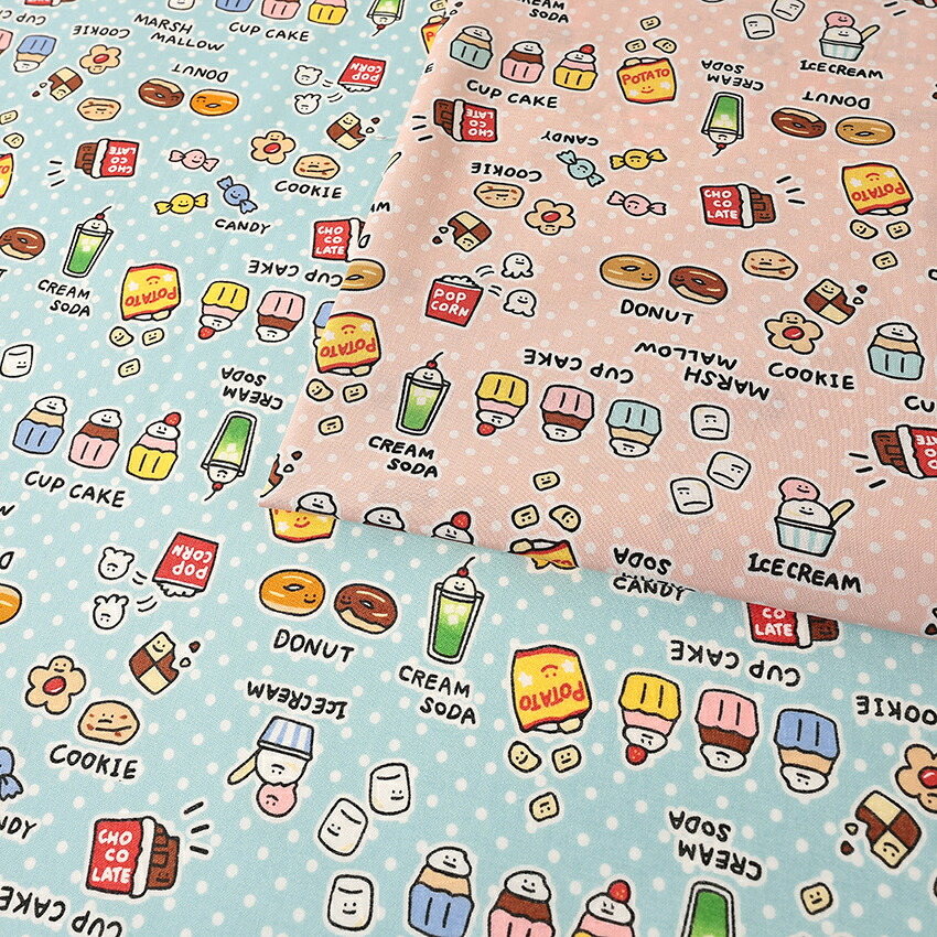 FOOD YURU ワイワイおかし柄 シーチング 50cm単位 | シーチング | 手芸