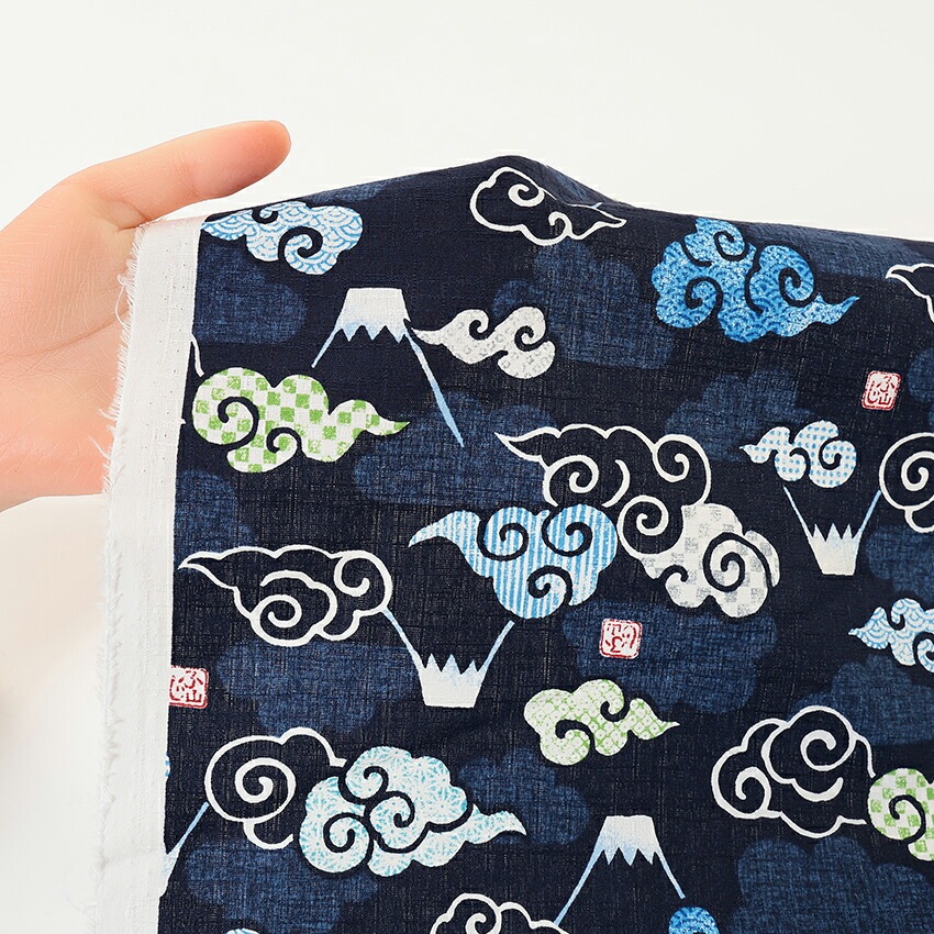 子供用 鶴刺繍 和服 青黒ストライプ いろは日和 富士山と雲 ツムギクロス 50cm単位 | その他衣料向き