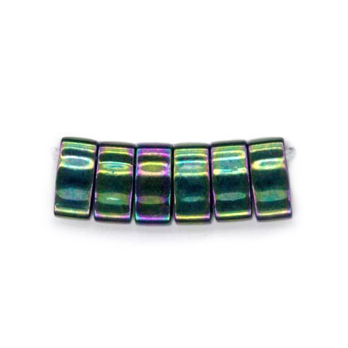 ビーズ　グラスビーズ　ティラビーズ　ハーフティラビーズ　HTL455 ギョク、ツヤ有り、レインボー/黒AB