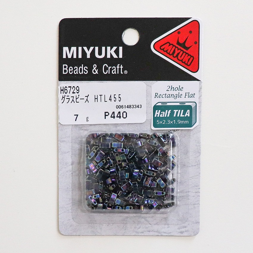 ビーズ　グラスビーズ　ティラビーズ　ハーフティラビーズ　HTL455 ギョク、ツヤ有り、レインボー/黒AB