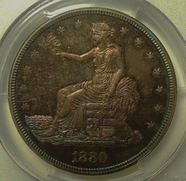 アメリカ1880年の貿易銀、プルーフ貨カメオ鑑定、カラフルトーン