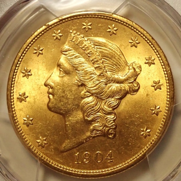 アメリカ1904年、20ドル金貨MS64+高鑑定「リバティヘッド