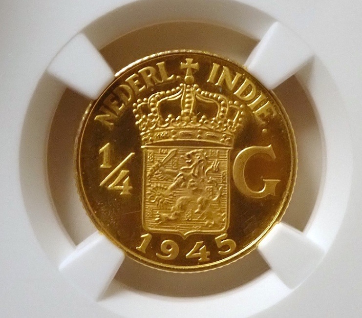 オランダ領東インド、1945年1/4グルテン金打ち貨、PF67 CAMEO