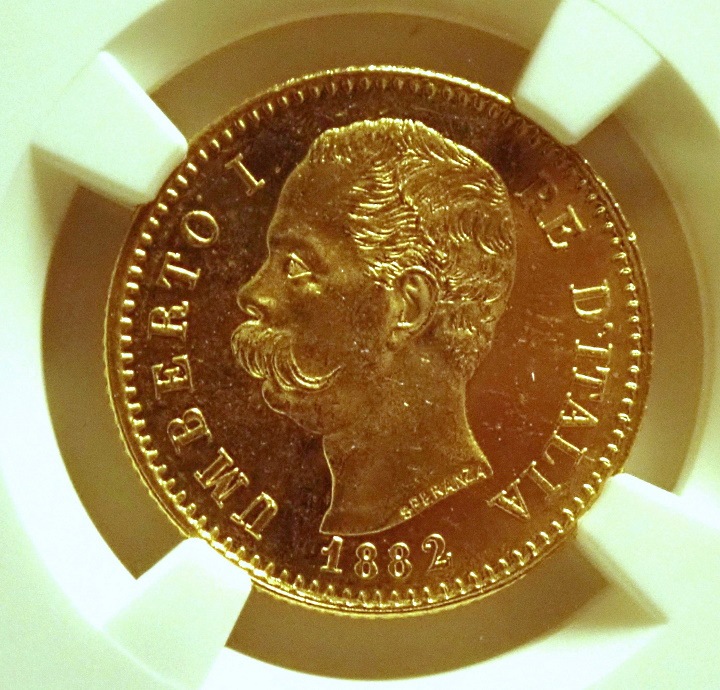 イタリア1882年、20リレ金貨、MS64希少ディープ・プルーフライク