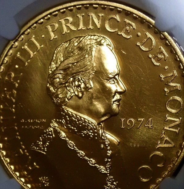 モナコで1974年に発行された50フラン、レーニエ3世在位25周年記念金貨 