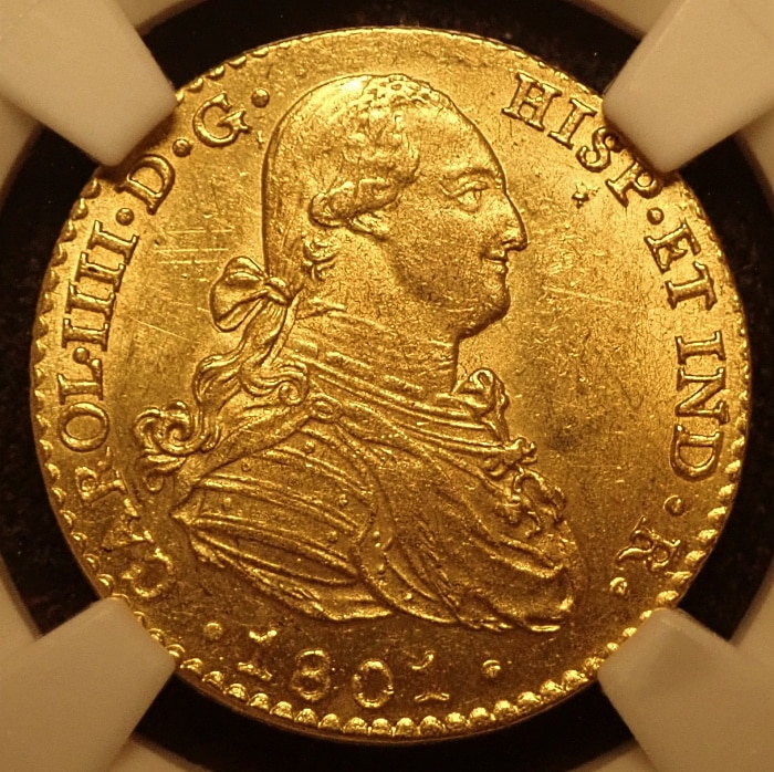 スペイン1801年、カルロス4世の2エスクード金貨、準最高鑑定