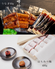うなぎ時任　炭火蒲焼　3分の1カット 60グラム 3枚と愛須食品　はちみつ梅400gセット