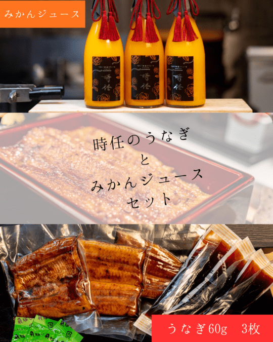 うなぎ時任　炭火蒲焼　3分の1カット 60グラム 3枚とみかんジュースセット