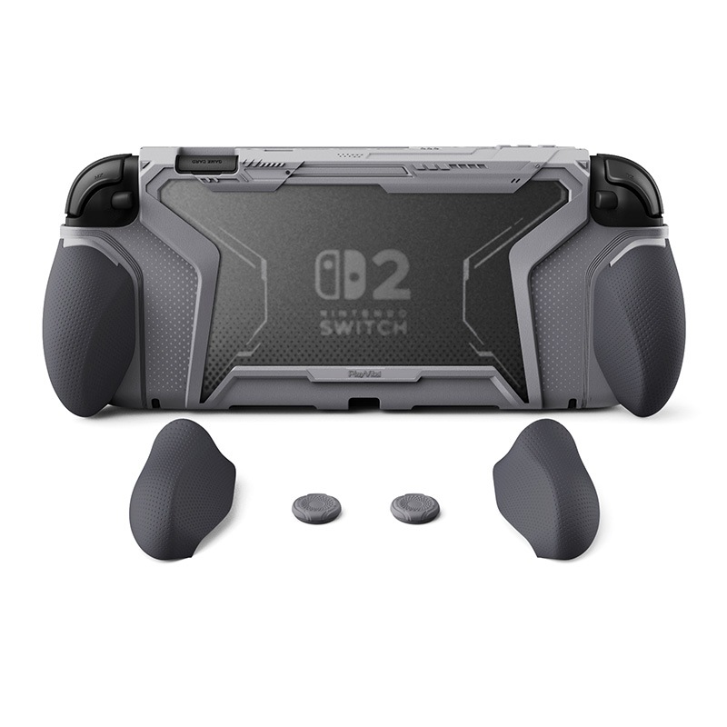 PlayVital BEYOND-GRIP Nintendo Switch 2（2025）対応 交換式グリップ付きTPU保護ケースカバー ドック対応 親指グリップキャップ付き 耐衝撃 人間工学デザイン グレー